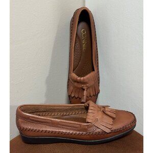 CONNIE BROWN LEATHER LOAFERS FRINGE SLIP ON WOMENS 7.5M COMFORT FLATS